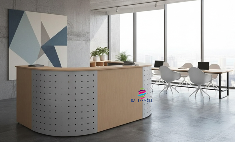 Balcao rececao curvo 90 cinza com faia painel furos redondos Baltexport Envato labs image edit