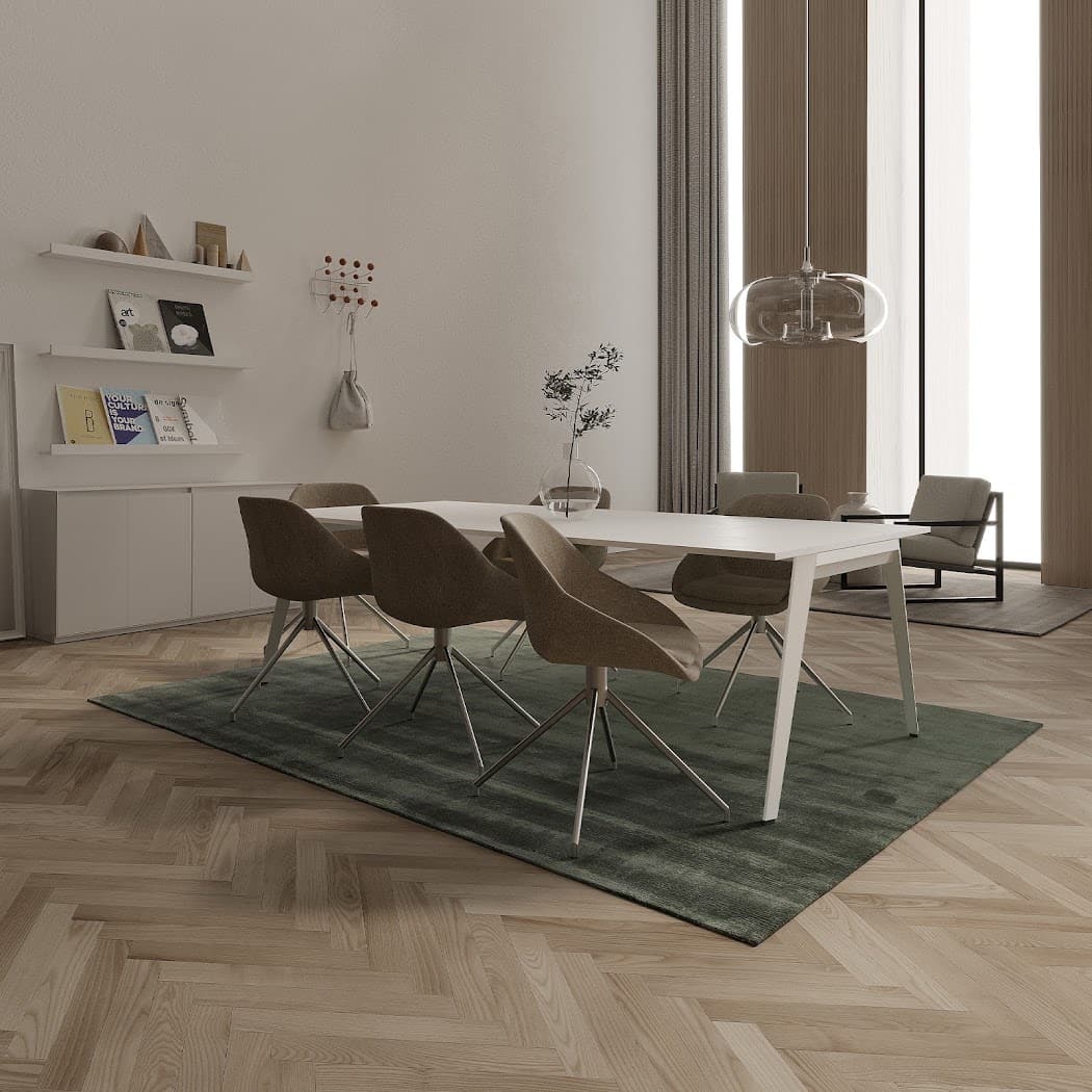 Sala de reunião com tapete e mesa clara Linha Trime